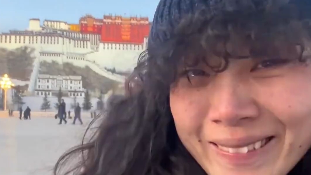 一位游客在布达拉宫前深情告别